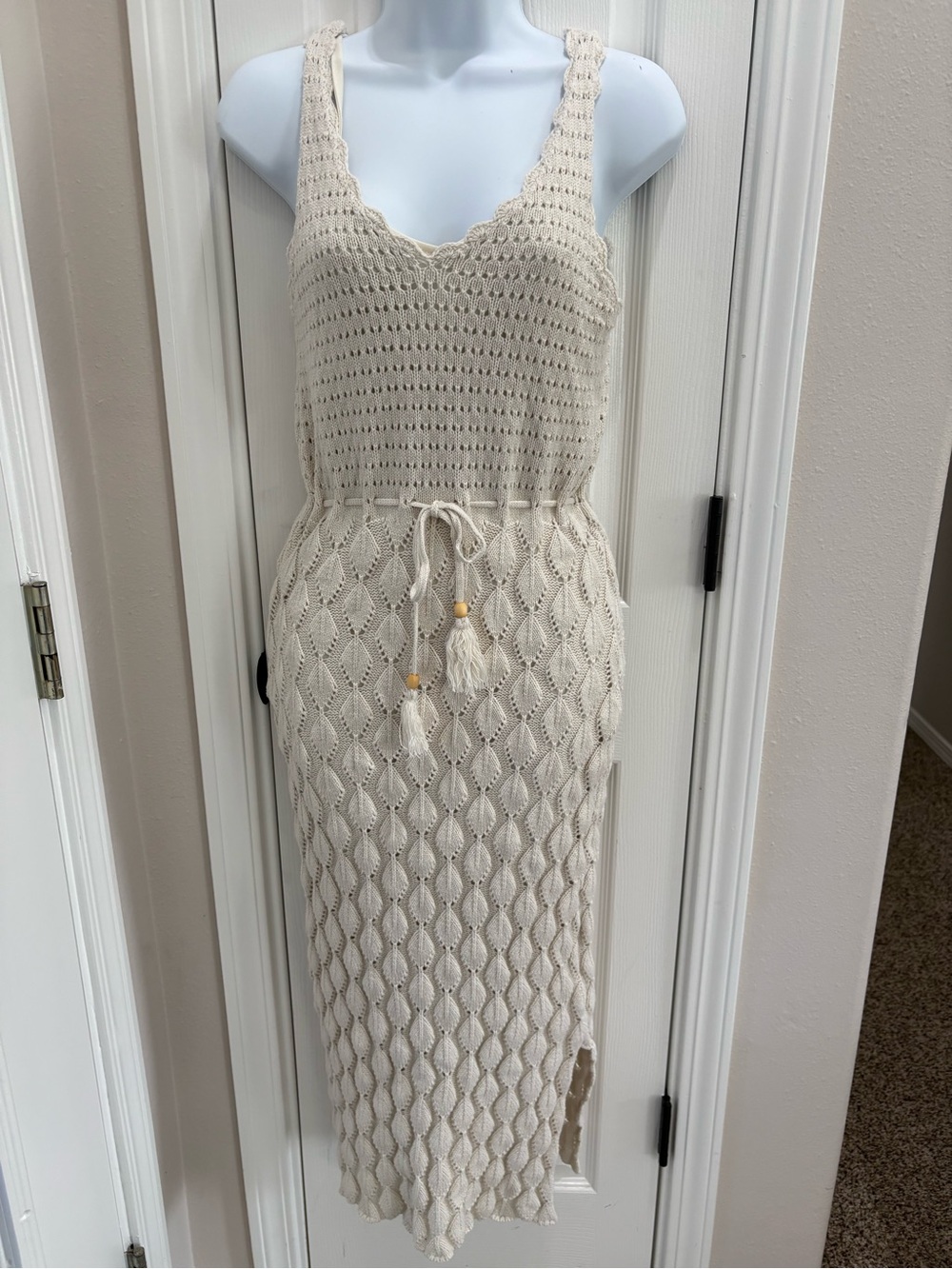 Freshman Cream Crochet Knit Midi Dress with Tassel Waist